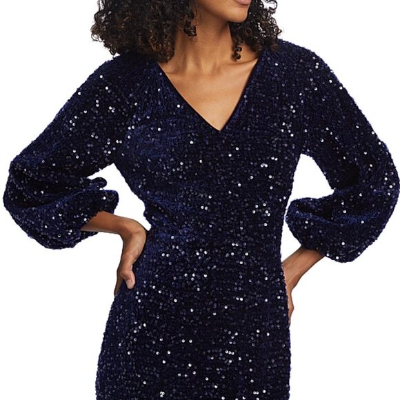 ELIE TAHARI Nwt The Robin Sequin Dress 8 Midnight Blue Blouson Sleeve Midi - Picture 2 of 12